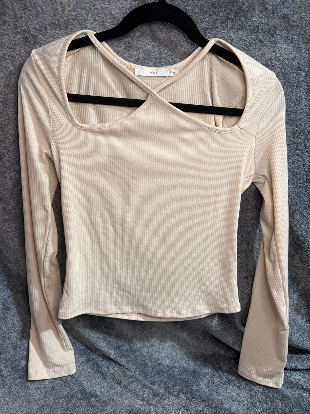Lush Beige Ribbed Long Sleeve Top with Cross-Neck